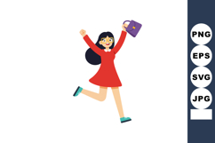 Young woman in red dress jumping happily with purple handbag Product Image 1