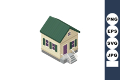 Small beige house with green roof and purple shutters front Product Image 1