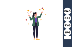 Woman enjoying autumn leaves falling in casual outfit with g Product Image 1