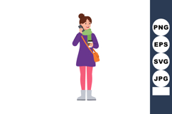 Young woman talking on phone holding coffee cup wearing purp Product Image 1