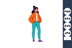 Confident young woman standing wearing orange jacket teal pa Product Image 1