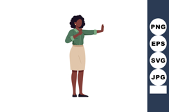 African American woman in green blouse and beige skirt makin Product Image 1