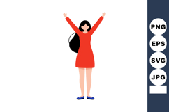 Woman celebrating with raised arms wearing red dress and blu Product Image 1