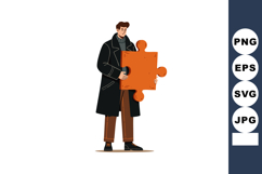 Man Holding Large Orange Puzzle Piece Conceptual Vector Illu Product Image 1