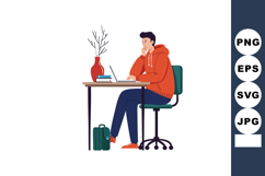 Young man working on laptop at desk with vase and books wear Product Image 1