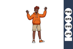 Young man wearing orange hoodie and beige shorts standing wi Product Image 1