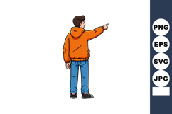 Young man in orange hoodie pointing with extended arm and bl Product Image 1