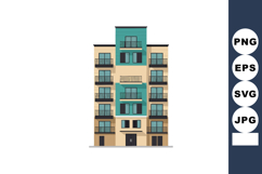 Modern residential building facade with balconies and teal a Product Image 1