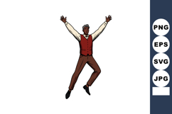 Man jumping with arms raised wearing red vest and brown pant Product Image 1