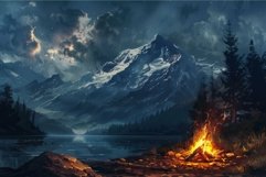 Campfire burning on the shore of a lake with snowy mountains Product Image 1