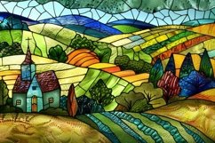 Stained Glass Countryside with a Farmhouse Fields Background Product Image 1