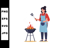 Woman grilling barbecue food with spatula wearing apron and Product Image 1