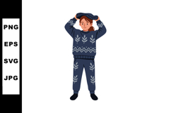 Child Wearing Dark Blue Patterned Sweater and Pants Standing Product Image 1