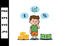 Boy thinking about money dollar percentage and graph financi Product Image 1