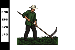 Farmer working with scythe cutting grass in green shirt brow Product Image 1