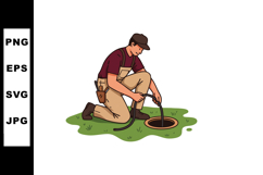 Plumber inspecting sewer pipe on grass outdoors vector illus Product Image 1