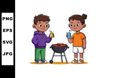 Two kids enjoying barbecue grill with drinks in casual cloth Product Image 1