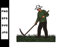 Man working on grass with scythe hand tool in green striped Product Image 1