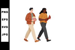 Two young people walking with popcorn and soda bottles casua Product Image 1