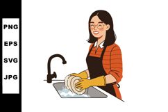 Woman washing dishes at kitchen sink wearing orange shirt an Product Image 1