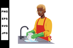 Person washing dishes in kitchen sink with gloves and apron Product Image 1