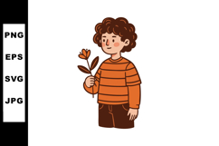 Child holding orange flower wearing striped sweater and brow Product Image 1