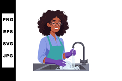 Woman washing dishes with gloves at kitchen sink vector illu Product Image 1