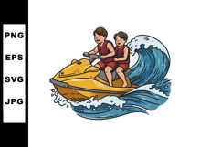 Boys riding yellow jet ski on blue ocean waves summer water Product Image 1