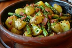 Nutritious Asparagus ham plate potato. Generate Ai Product Image 1