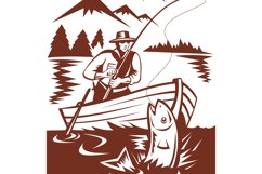 Fly fisherman catching trout on boat Product Image 1