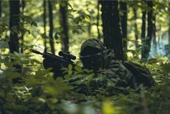 Soldier in camouflage gear aiming rifle in forest Product Image 1