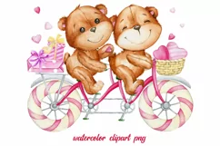 Watercolor clipart, tandem bike, teddy bear, couple, heart, Product Image 1