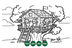 Black And White Kids Treehouse Line Art Illustration Product Image 1