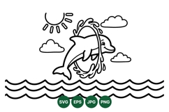 Line Art Cartoon Dolphin Jumping With Waves And Sun Product Image 1