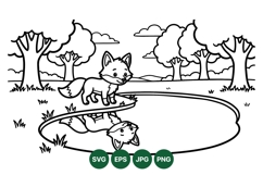 Line Art Cute Fox in Forest Pond Illustration Product Image 1