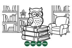 Cute Owl Reading Books Line Art Illustration Product Image 1