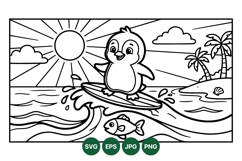 Line Art Cute Penguin Surfing Summer Illustration Product Image 1
