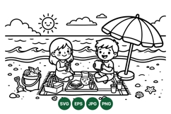 Cute Kids Picnic At The Beach Line Art Vector Product Image 1