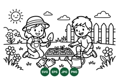 Black And White Kids Gardening Coloring Illustration Product Image 1