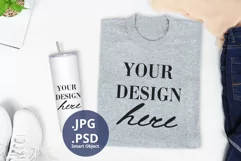 Gray T-shirt & Skinny Tumbler Mockup, Folded t-shirt mockup Product Image 1