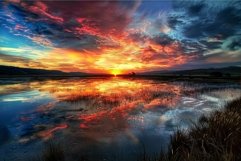Vibrant sunset reflects in a tranquil lake amidst a pictures Product Image 1