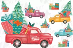 Watercolor Christmas truck clip art. Retro trucks decoration Product Image 1