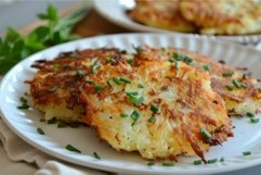 Goldenbrown potato pancakes on plate with chives Product Image 1