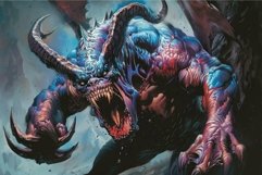 Digital artwork of a fierce creature with horns and sharp cl Product Image 1