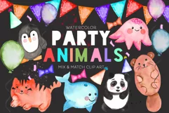 Cute Party Animals Watercolor Clip Art Set Baby Sublimation Product Image 1