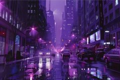 Purple rain falling on busy city street at night Product Image 1