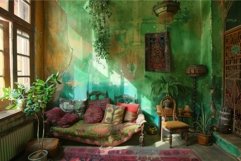 Bohemian style living room with green walls and plants creat Product Image 1