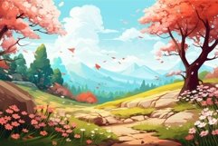 Vibrant scenery with blooming trees, mountain backdrop, and Product Image 1