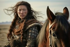 Mongolian warrior woman on horseback in the steppe Product Image 1