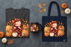 Cute Fall Reading Girl PNG Pumpkin Book Lover Clipart Product Image 1